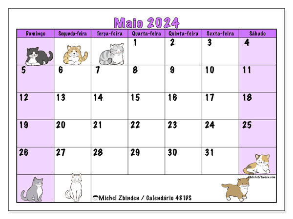 Calendário Maio 2024 “481”. Mapa gratuito para impressão.. Domingo a Sábado