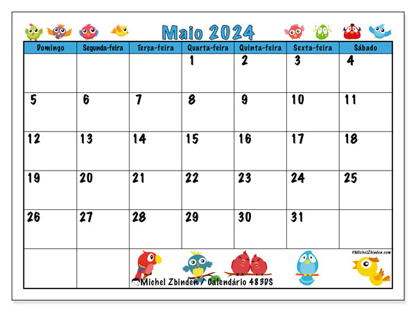 Calendário Maio 2024 “483”. Horário gratuito para impressão.. Domingo a Sábado