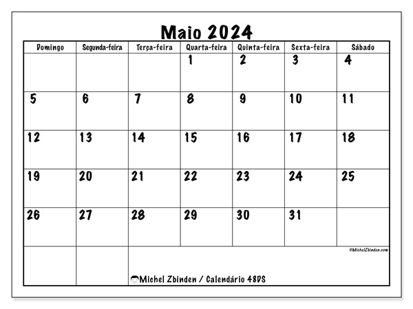 Calendário Maio 2024 “48”. Horário gratuito para impressão.. Domingo a Sábado