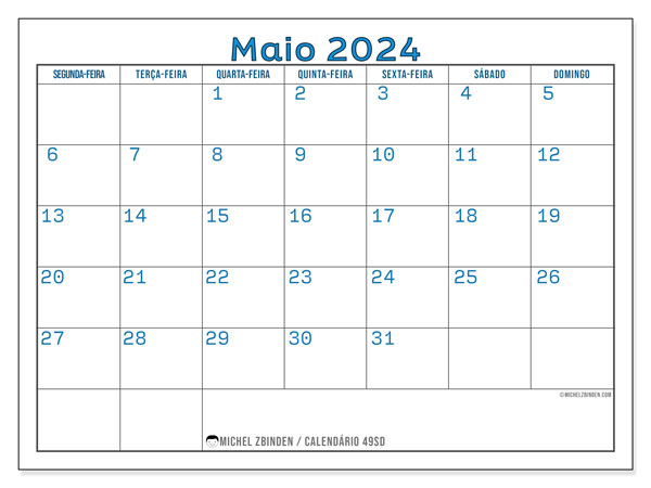 Calendário Maio 2024, 49DS. Calendário gratuito para imprimir.