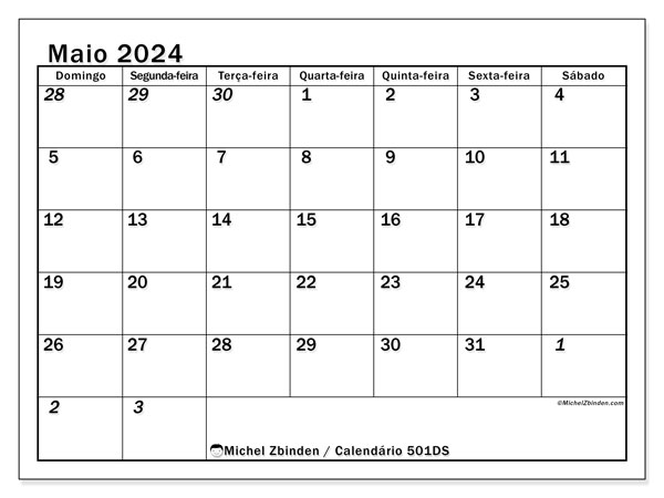 Calendário Maio 2024 “501”. Horário gratuito para impressão.. Domingo a Sábado