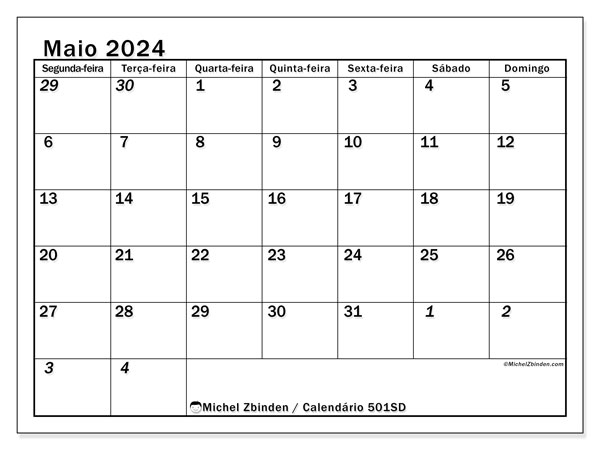 Calendário Maio 2024 “501”. Horário gratuito para impressão.. Segunda a domingo