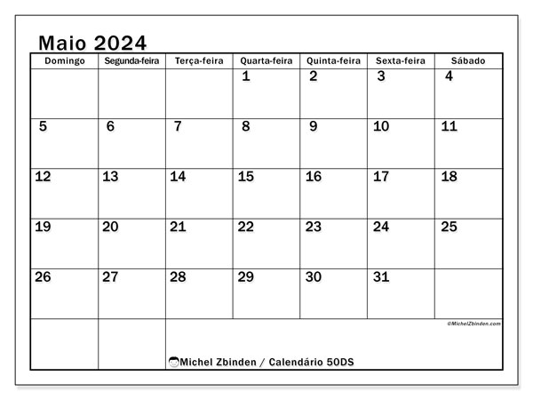 Calendário Maio 2024 “50”. Mapa gratuito para impressão.. Domingo a Sábado
