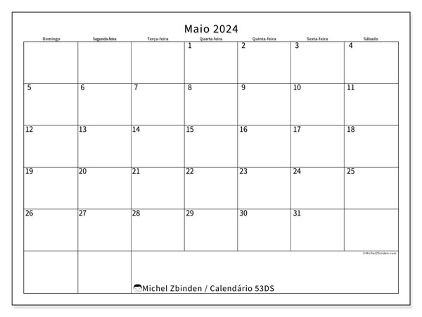 Calendário Maio 2024 “53”. Horário gratuito para impressão.. Domingo a Sábado