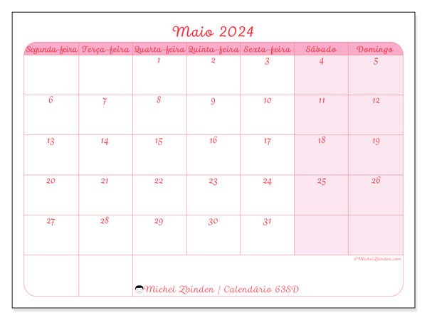 Calendário Maio 2024 “63”. Mapa gratuito para impressão.. Segunda a domingo