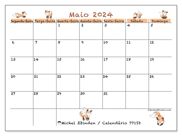 Calendário Maio 2024 “771”. Calendário gratuito para imprimir.. Segunda a domingo