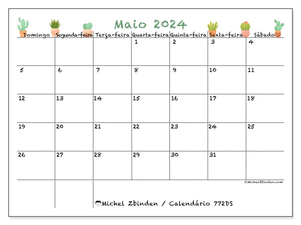 Calendário Maio 2024 “772”. Mapa gratuito para impressão.. Domingo a Sábado