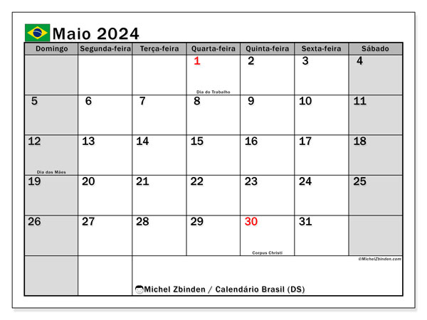 Calendário Maio 2024 “Brasil”. Horário gratuito para impressão.. Domingo a Sábado