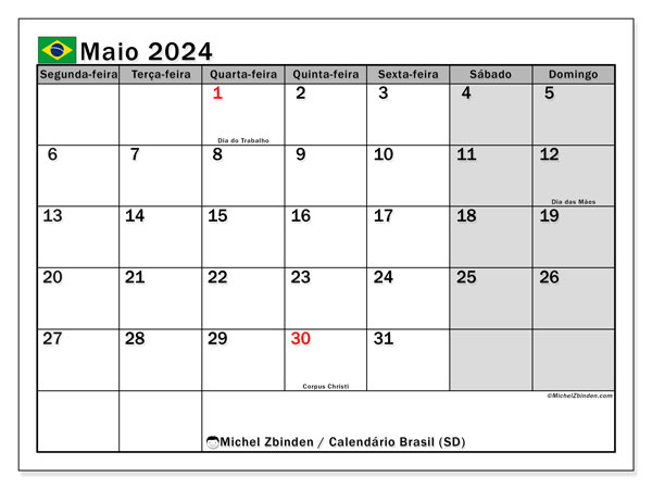 Calendário Maio 2024 “Brasil”. Horário gratuito para impressão.. Segunda a domingo