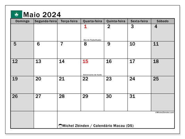 Calendário Maio 2024 “Macau”. Programa gratuito para impressão.. Domingo a Sábado