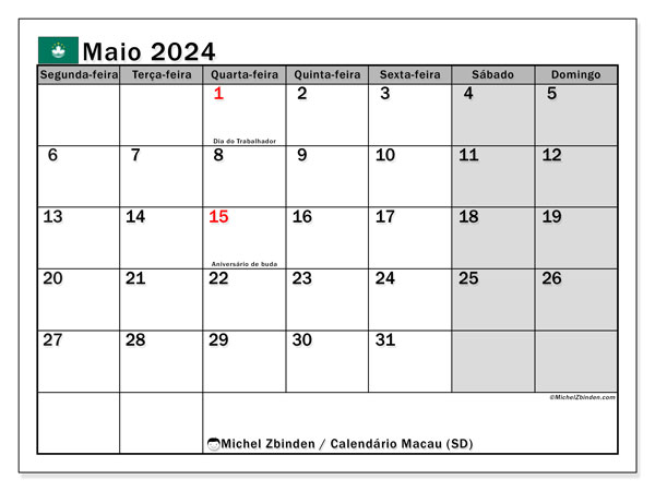Calendário Maio 2024 “Macau”. Programa gratuito para impressão.. Segunda a domingo