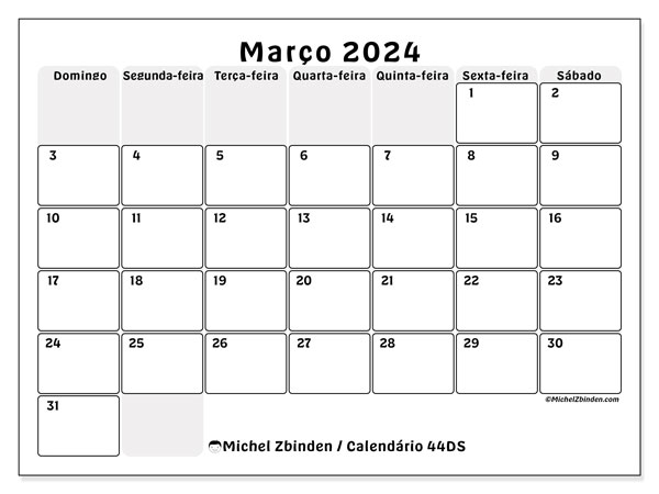 Calendário Março 2024, 44DS. Mapa gratuito para impressão.