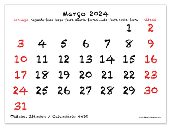 Calendário Março 2024, 46DS. Mapa gratuito para impressão.