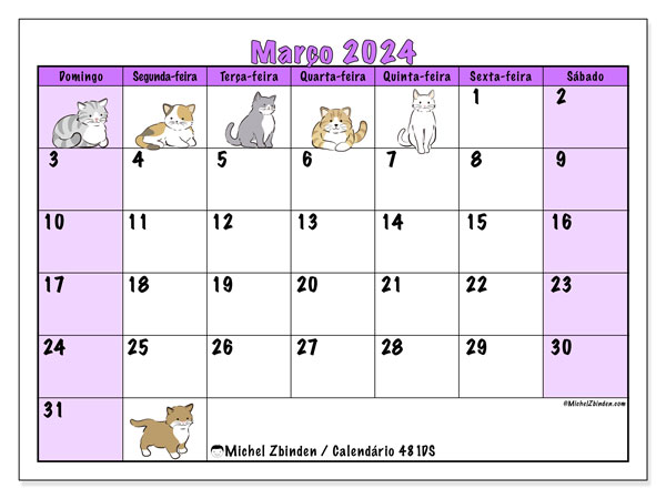 Calendário Março 2024 “481”. Horário gratuito para impressão.. Domingo a Sábado