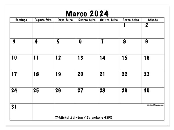 Calendário Março 2024, 48DS. Mapa gratuito para impressão.