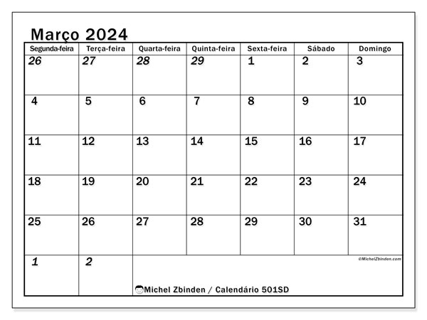 501SD, Março de 2024 calendário, para impressão, grátis.