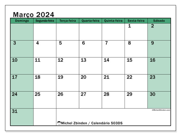 Calendário Março 2024 “503”. Calendário gratuito para imprimir.. Domingo a Sábado
