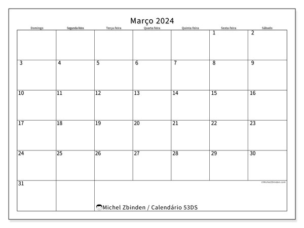 Calendário para imprimir, Março 2024, 53DS