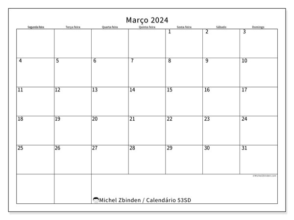 Calendário para imprimir, Março 2024, 53SD