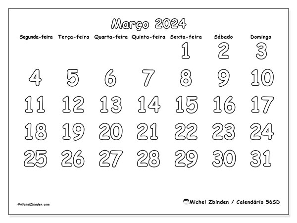 56SD, Março de 2024 calendário, para impressão, grátis.