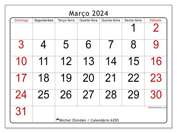 62DS, calendário de março de 2024, para impressão, grátis.