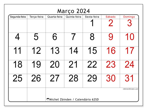 Calendário Março 2024, 62SD. Mapa gratuito para impressão.