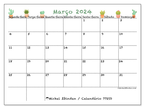 Calendário para imprimir, Março 2024, 772SD
