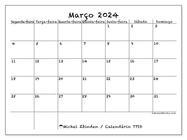 Calendário para imprimir, Março 2024, 77SD