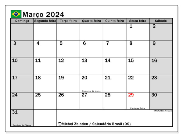 Calendário Março 2024 “Brasil”. Jornal gratuito para impressão.. Domingo a Sábado