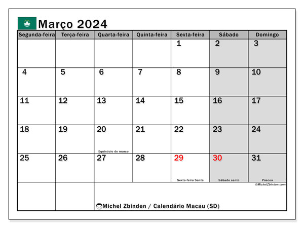 Kalender mars 2024, Macao (PT). Gratis kalender som kan skrivas ut.