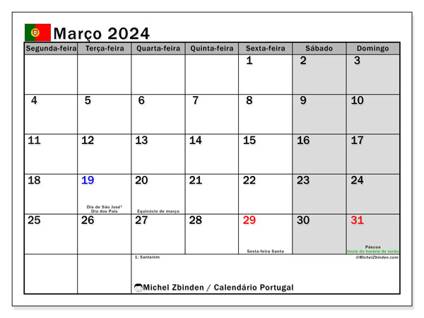 Kalenteri maaliskuu 2024, Portugali (PT). Ilmainen tulostettava ohjelma.