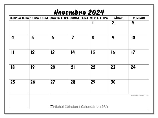 45SD, Novembro de 2024 calendário, para impressão, grátis.