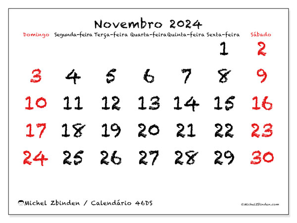 46DS, calendário de novembro de 2024, para impressão, grátis.