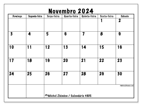 Calendário Novembro 2024, 48DS. Calendário gratuito para imprimir.