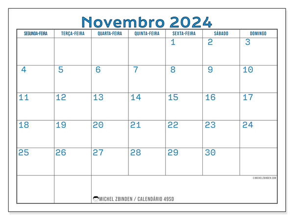 Calendário Novembro 2024, 49DS. Calendário gratuito para imprimir.