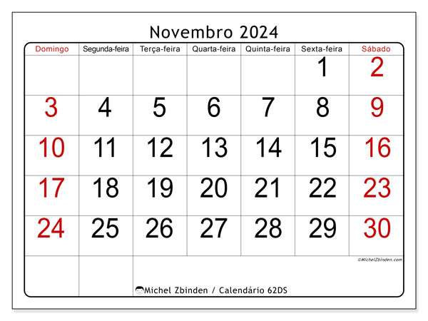 62DS, calendário de novembro de 2024, para impressão, grátis.