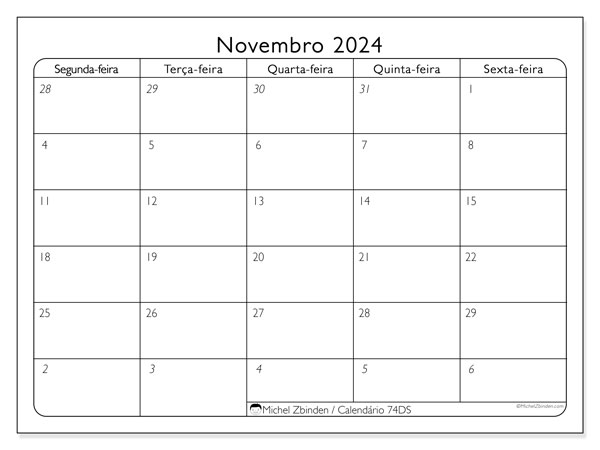 74DS, calendário de novembro de 2024, para impressão, grátis.