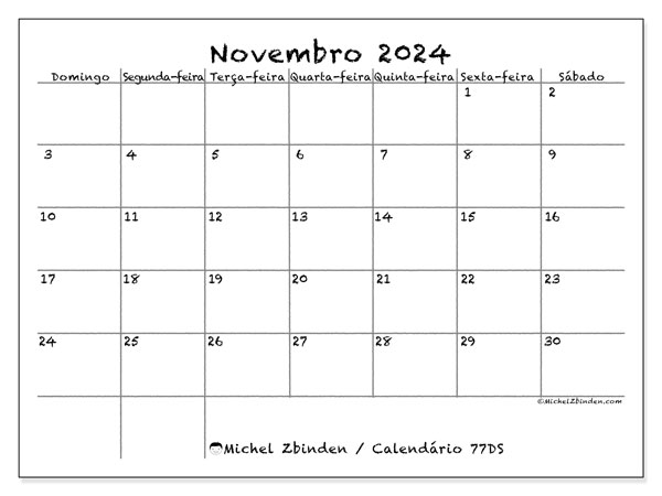 77DS, calendário de novembro de 2024, para impressão, grátis.