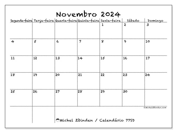 Calendário para imprimir, Novembro 2024, 77SD