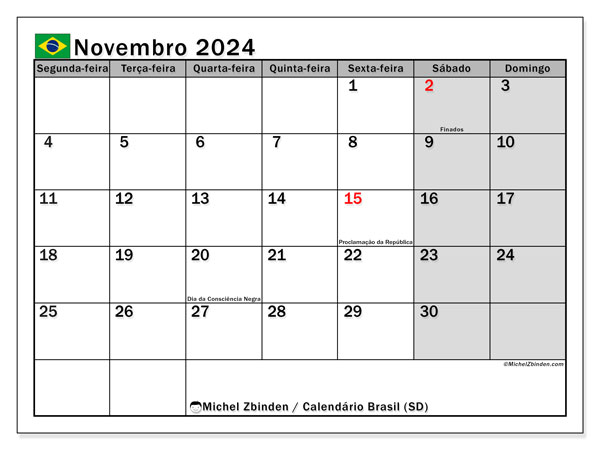 Brasil (SD), calendário de novembro de 2024, para impressão, grátis.