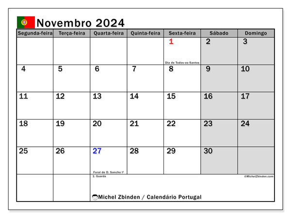 Calendário Novembro 2024 “Portugal”. Programa gratuito para impressão.. Segunda a domingo