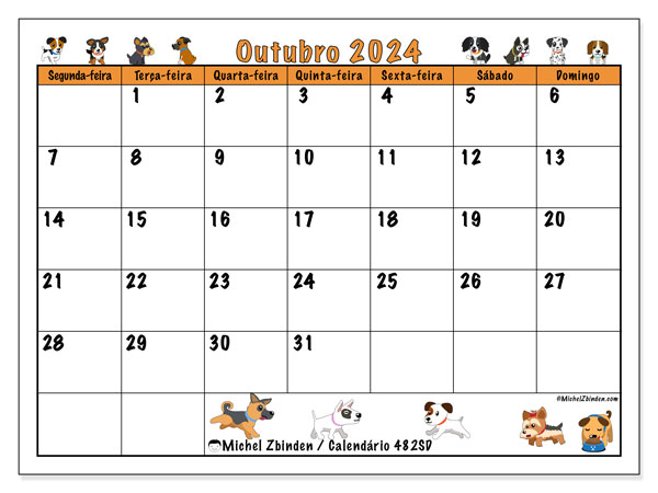 Calendário Outubro 2024 “482”. Programa gratuito para impressão.. Segunda a domingo