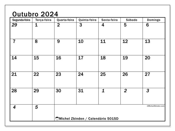 Calendário Outubro 2024, 501SD. Programa gratuito para impressão.