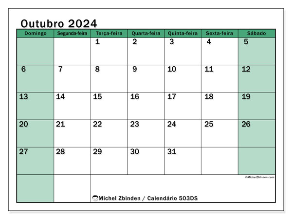 503DS, calendário de outubro de 2024, para impressão, grátis.