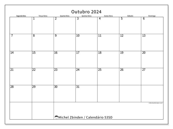 53SD, Outubro de 2024 calendário, para impressão, grátis.