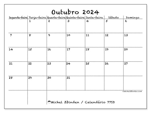 Calendário para imprimir, Outubro 2024, 77SD