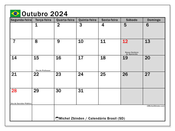 Brasil (SD), calendário de outubro de 2024, para impressão, grátis.