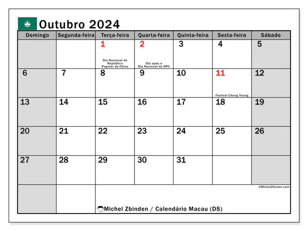 Calendário para imprimir, Outubro 2024, Macau (DS)