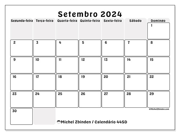 44SD, Setembro de 2024 calendário, para impressão, grátis.