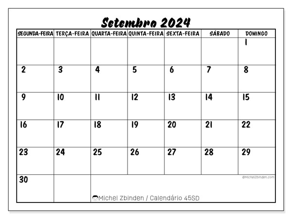45SD, Setembro de 2024 calendário, para impressão, grátis.